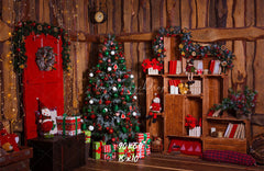 Wooden House Red Door Christmas Backdrop - Layoris