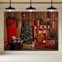 Layoris Wooden House Red Door Christmas Backdrop