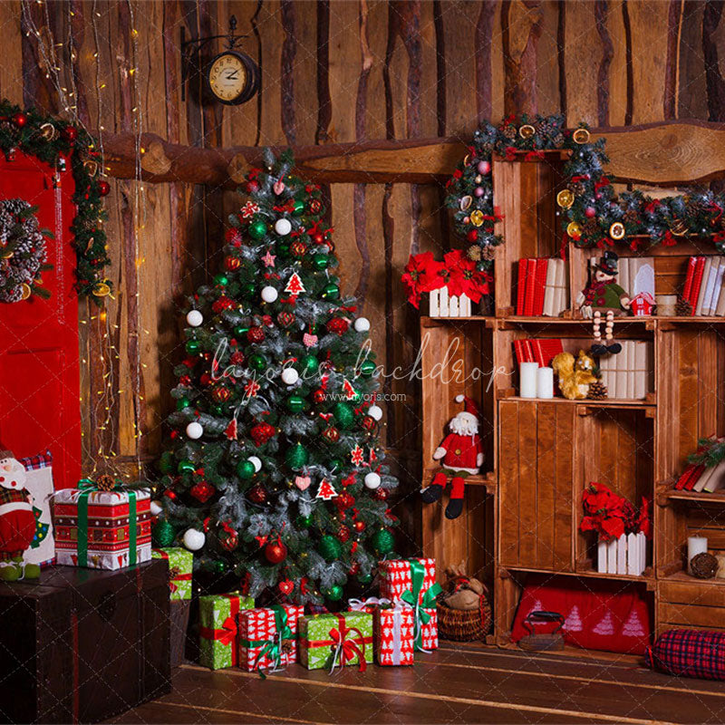 Wooden House Red Door Christmas Backdrop - Layoris