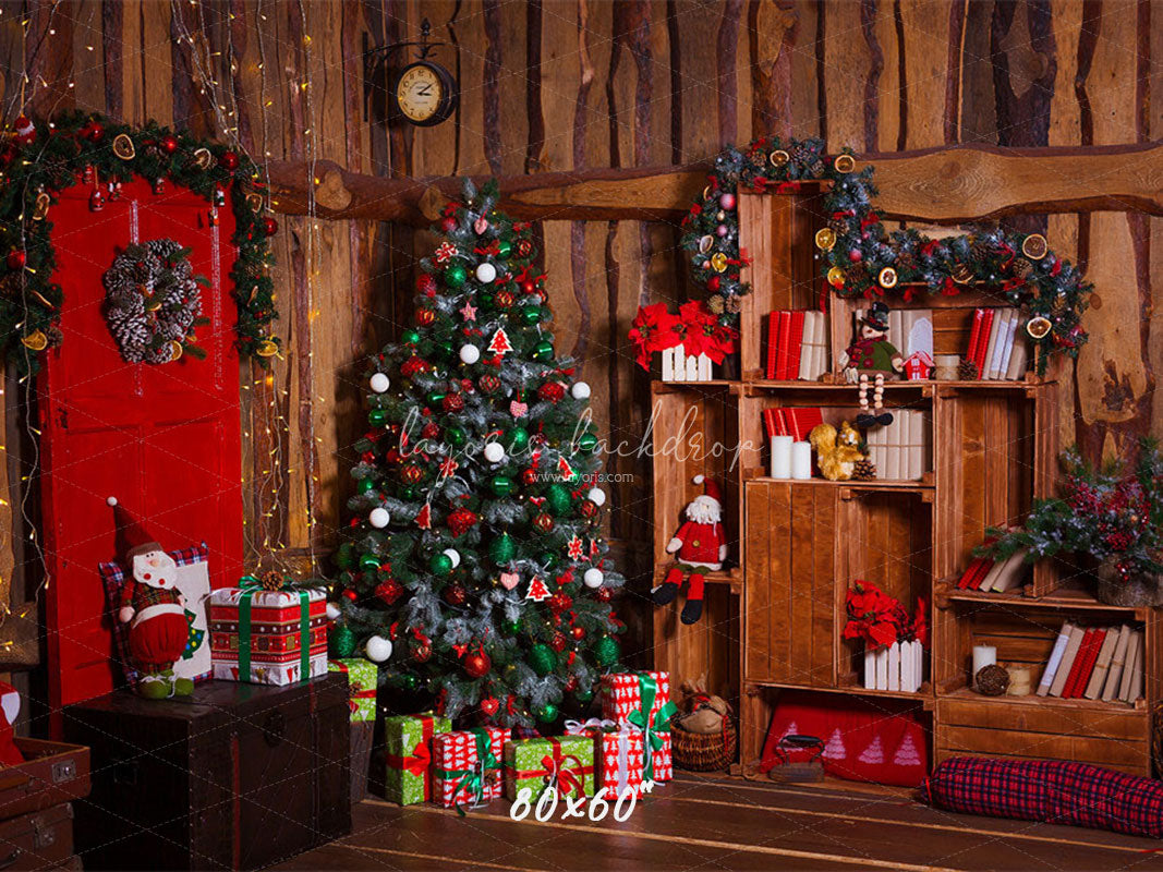 Wooden House Red Door Christmas Backdrop - Layoris