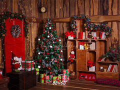 Wooden House Red Door Christmas Backdrop - Layoris