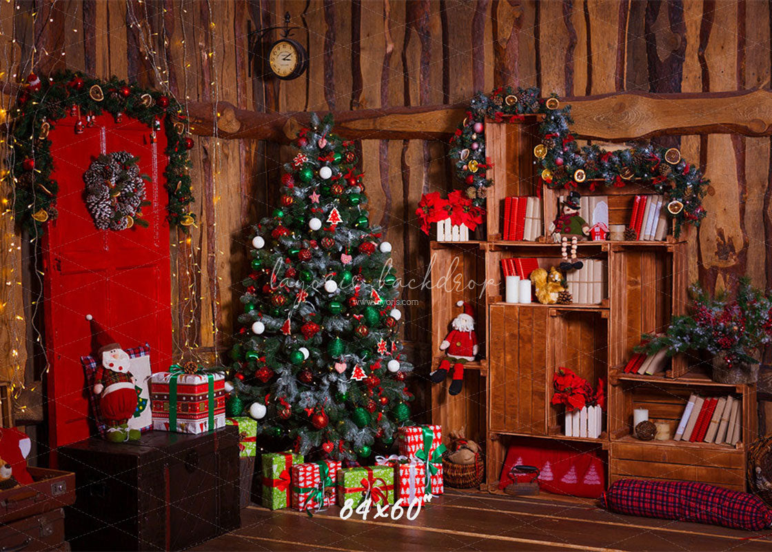 Wooden House Red Door Christmas Backdrop - Layoris
