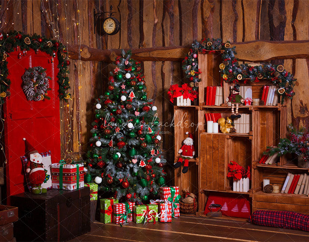 Wooden House Red Door Christmas Backdrop - Layoris