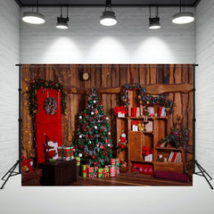Layoris Wooden House Red Door Christmas Backdrop