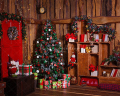 Wooden House Red Door Christmas Backdrop - Layoris