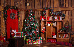 Wooden House Red Door Christmas Backdrop - Layoris