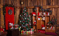 Wooden House Red Door Christmas Backdrop - Layoris