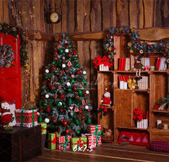 Wooden House Red Door Christmas Backdrop - Layoris