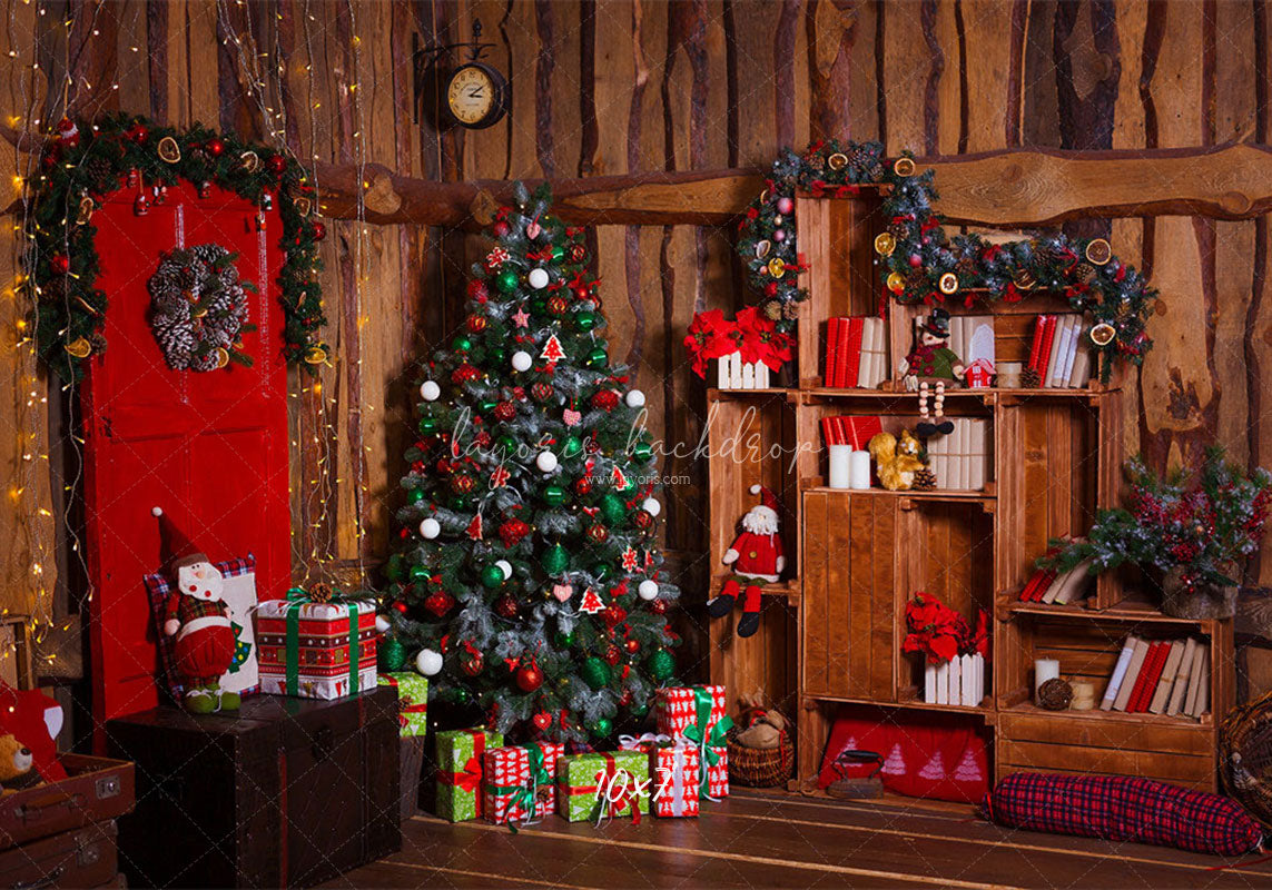 Wooden House Red Door Christmas Backdrop - Layoris