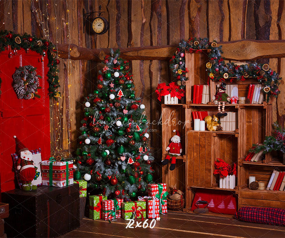 Wooden House Red Door Christmas Backdrop - Layoris