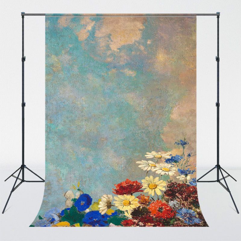 Oil Painting Sky And Flowers Vintage Photo Backdrop - Layoris