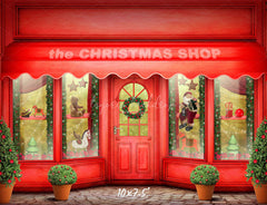 Red Christmas Shop Holiday Photo Backdrop - Layoris