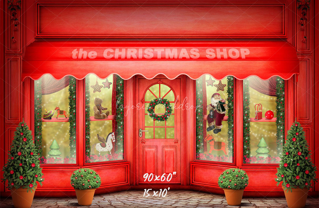 Red Christmas Shop Holiday Photo Backdrop - Layoris