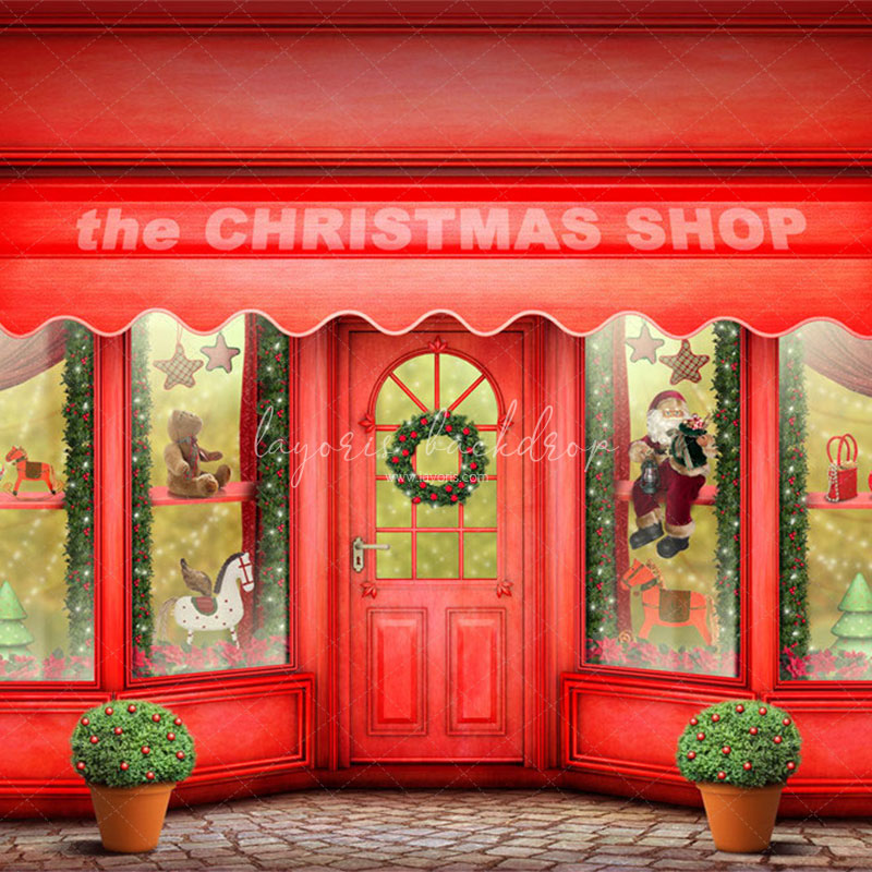 Red Christmas Shop Holiday Photo Backdrop - Layoris