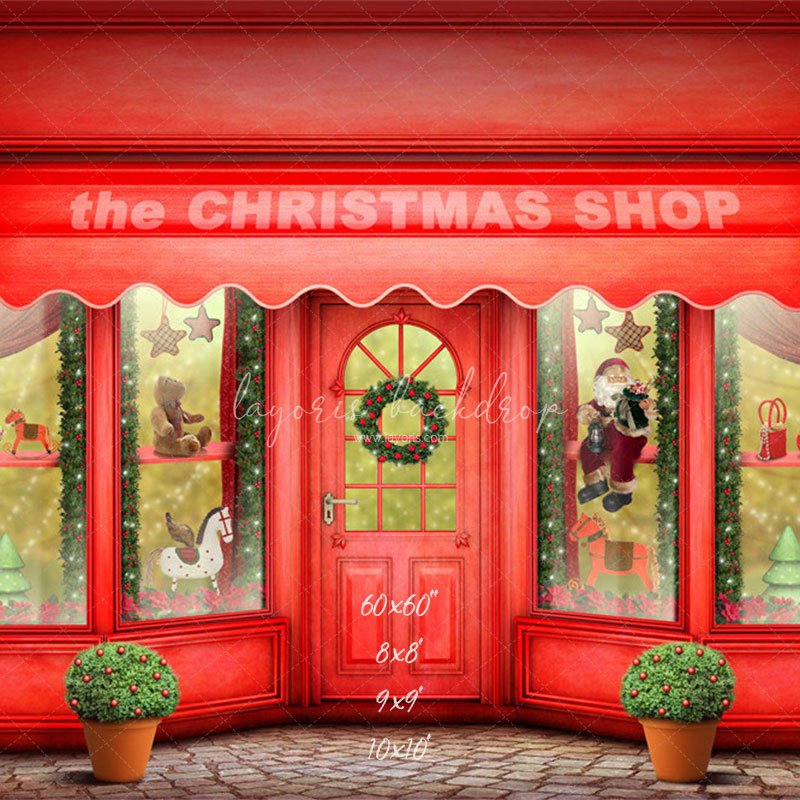 Red Christmas Shop Holiday Photo Backdrop - Layoris
