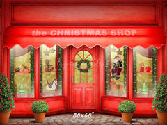 Red Christmas Shop Holiday Photo Backdrop - Layoris
