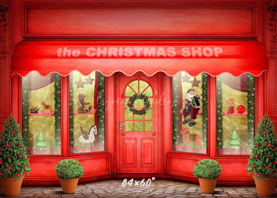 Red Christmas Shop Holiday Photo Backdrop - Layoris