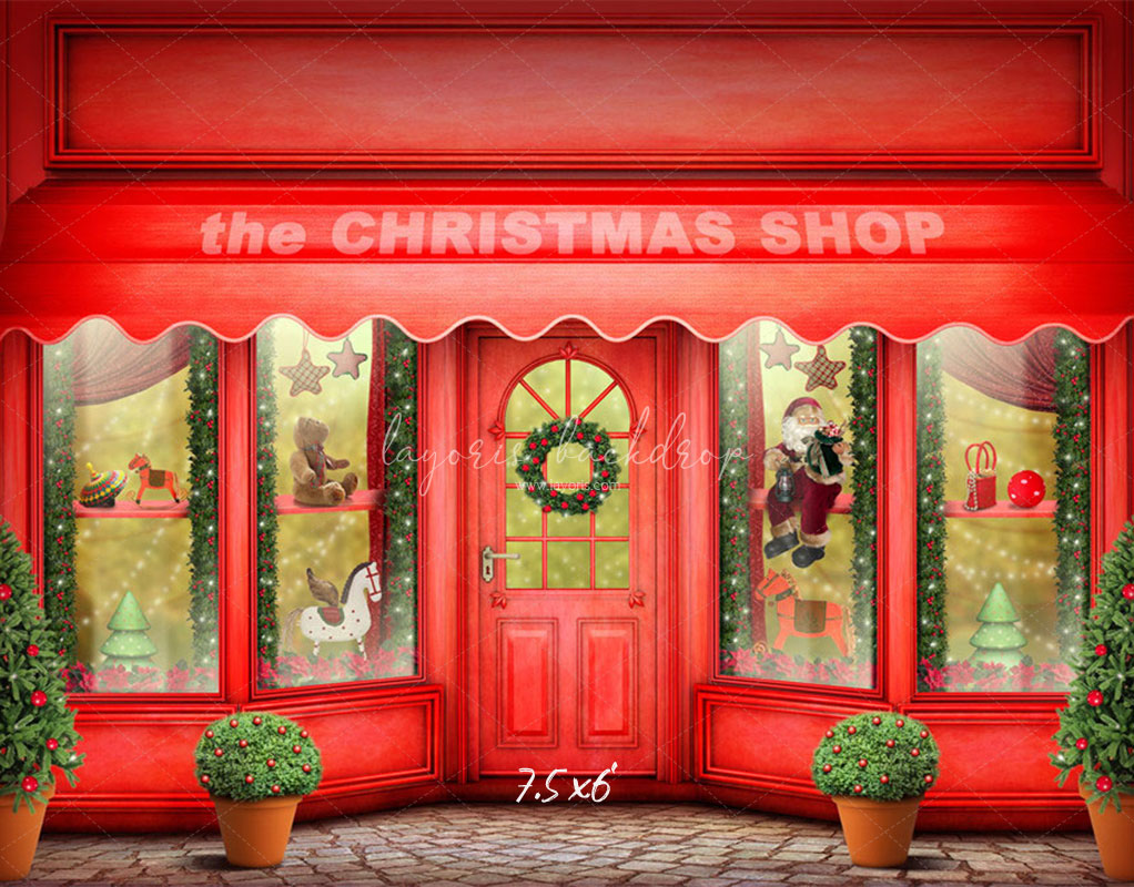 Red Christmas Shop Holiday Photo Backdrop - Layoris