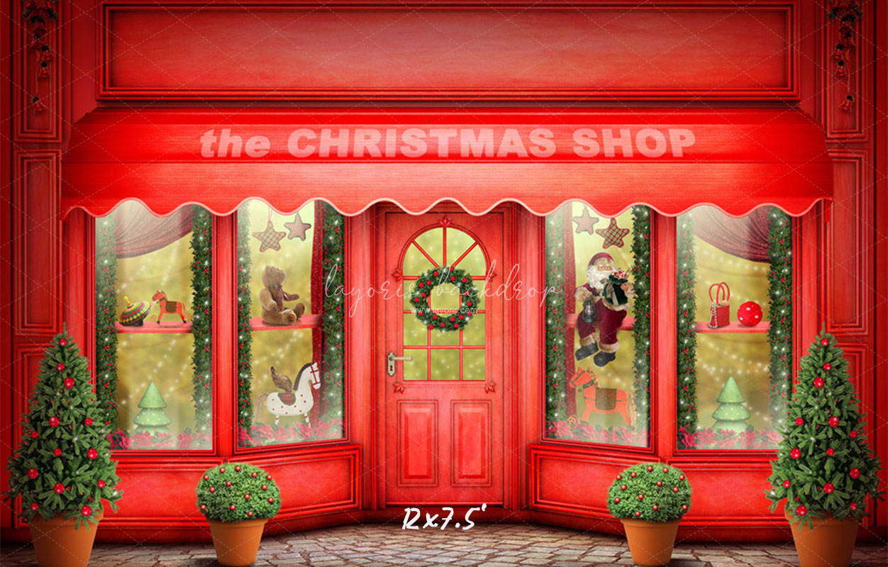 Red Christmas Shop Holiday Photo Backdrop - Layoris