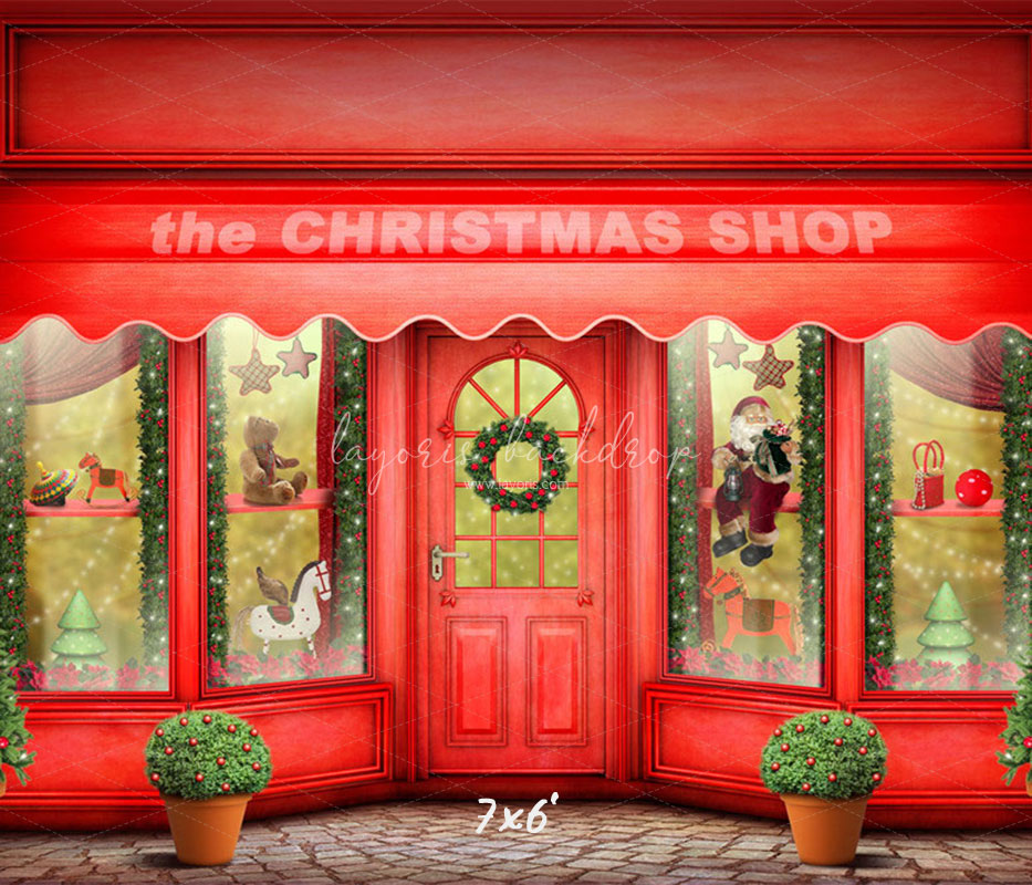 Red Christmas Shop Holiday Photo Backdrop - Layoris