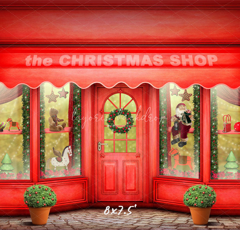 Red Christmas Shop Holiday Photo Backdrop - Layoris