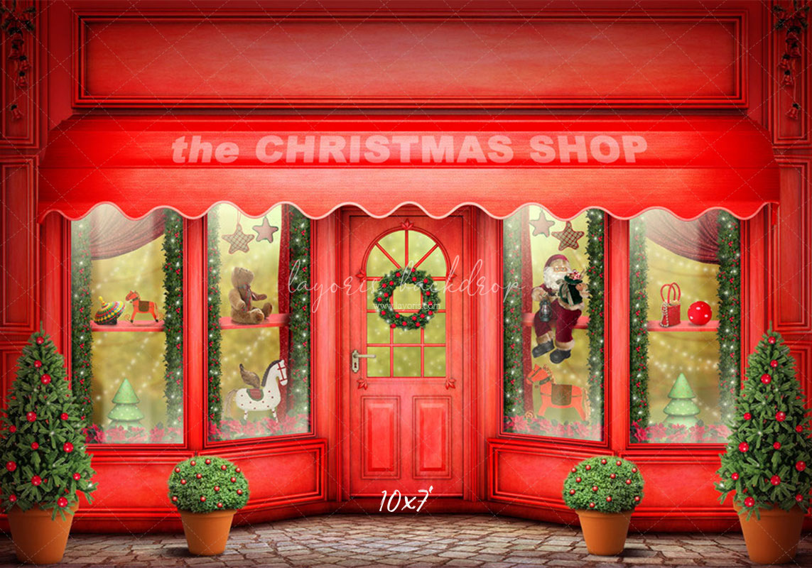 Red Christmas Shop Holiday Photo Backdrop - Layoris