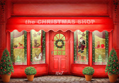 Red Christmas Shop Holiday Photo Backdrop - Layoris
