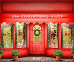 Red Christmas Shop Holiday Photo Backdrop - Layoris