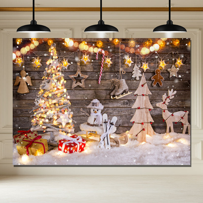 Layoris Wooden Board Snowman Elk Christmas Backdrop