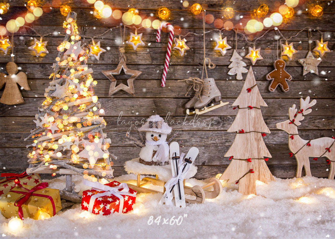 Wooden Board Snowman Elk Christmas Photo Backdrop - Layoris