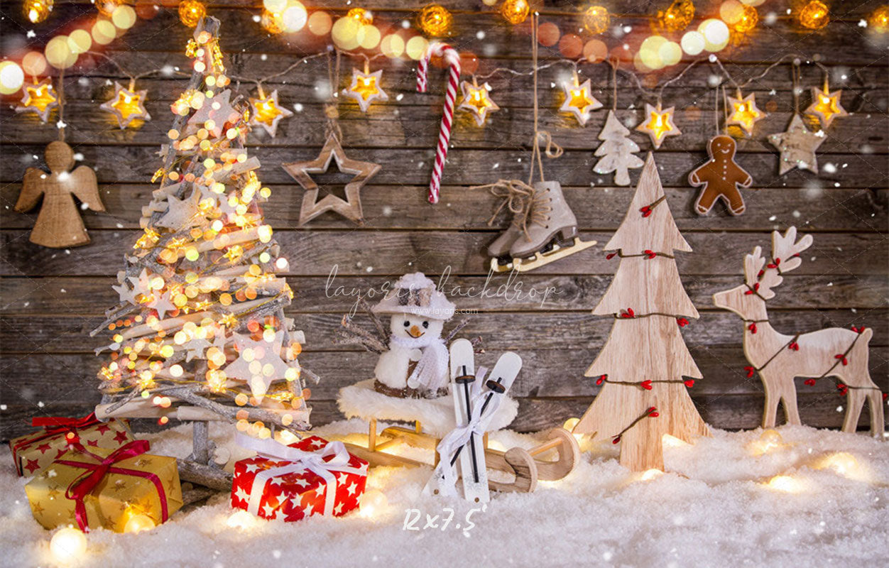 Wooden Board Snowman Elk Christmas Photo Backdrop - Layoris