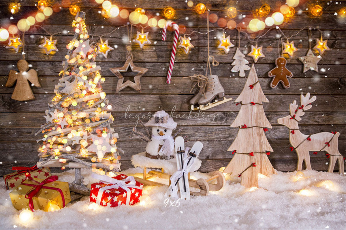 Wooden Board Snowman Elk Christmas Photo Backdrop - Layoris