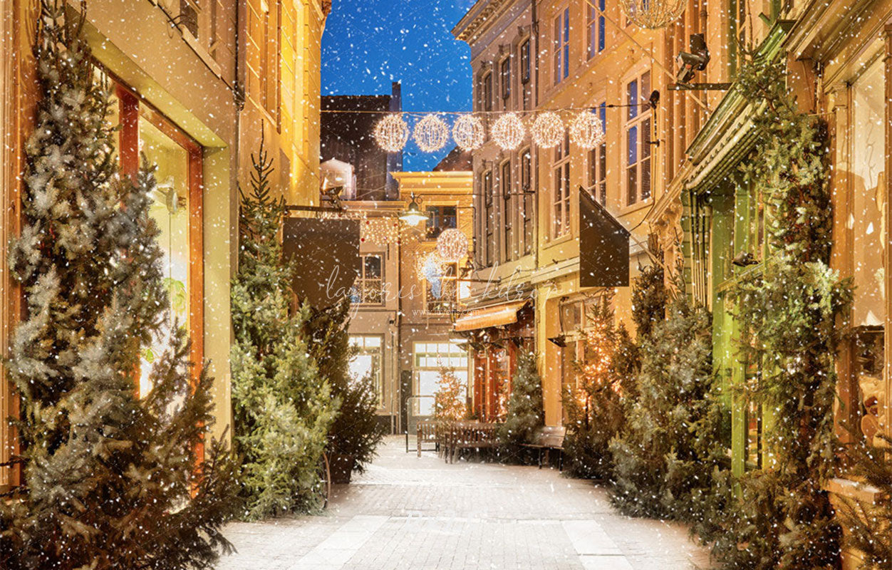 Snow Festival Street Building Christmas Backdrop - Layoris