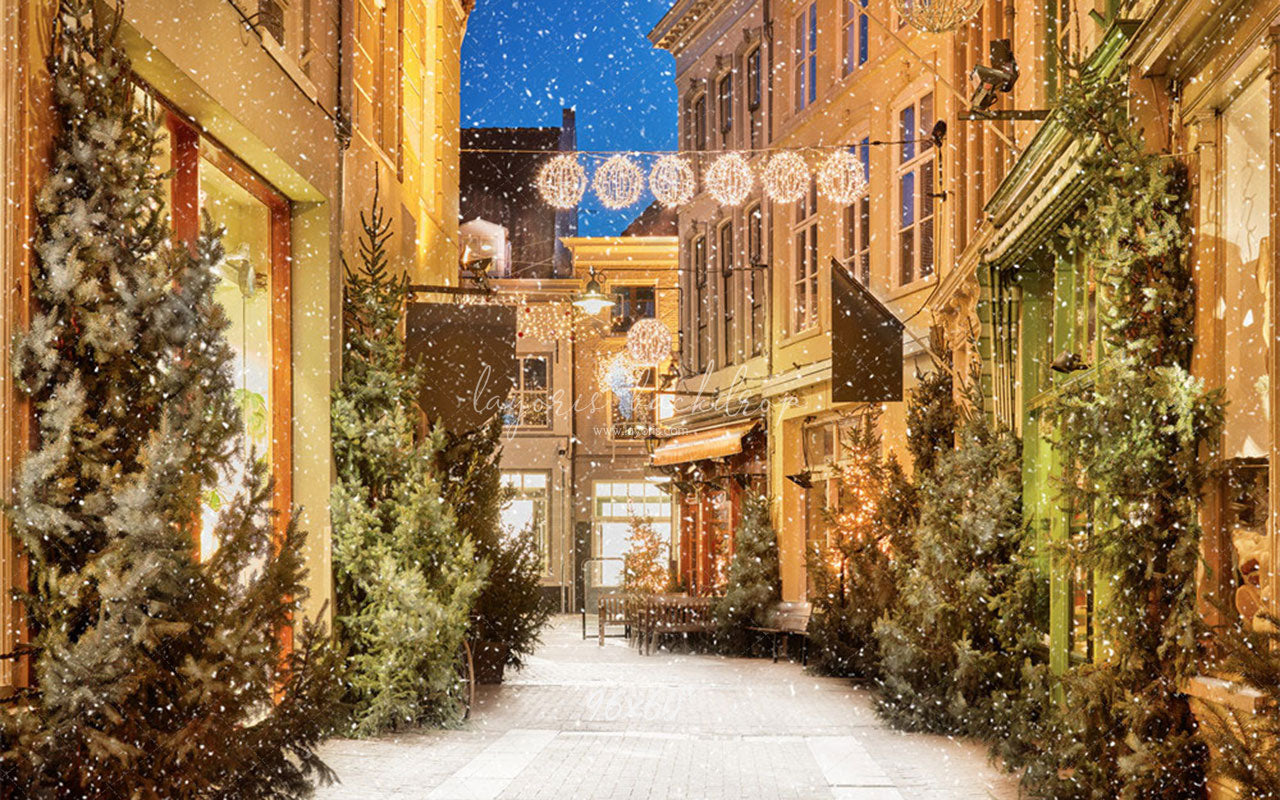 Snow Festival Street Building Christmas Backdrop - Layoris