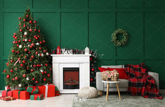 Green Wall Fireplace Sofa Christmas Backdrop - Layoris