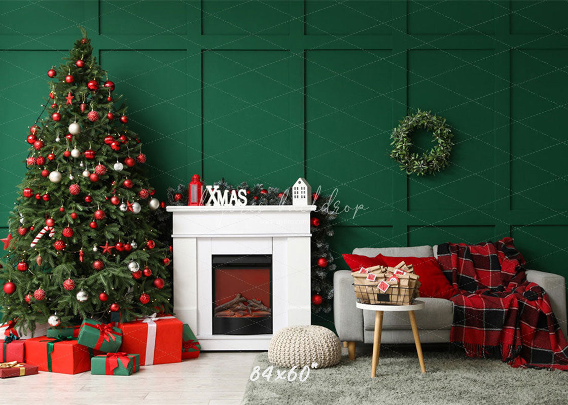 Green Wall Fireplace Sofa Christmas Backdrop - Layoris