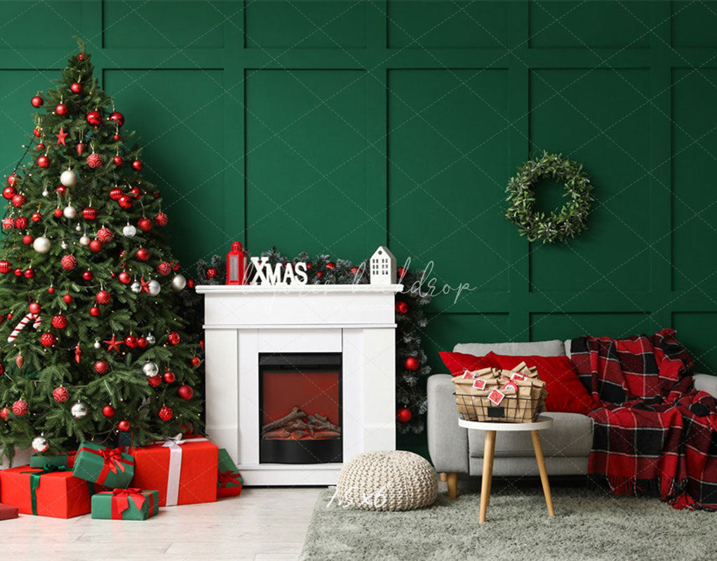 Green Wall Fireplace Sofa Christmas Backdrop - Layoris