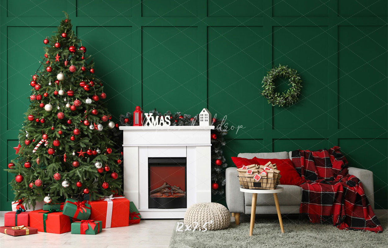 Green Wall Fireplace Sofa Christmas Backdrop - Layoris