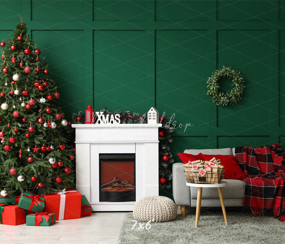 Green Wall Fireplace Sofa Christmas Backdrop - Layoris