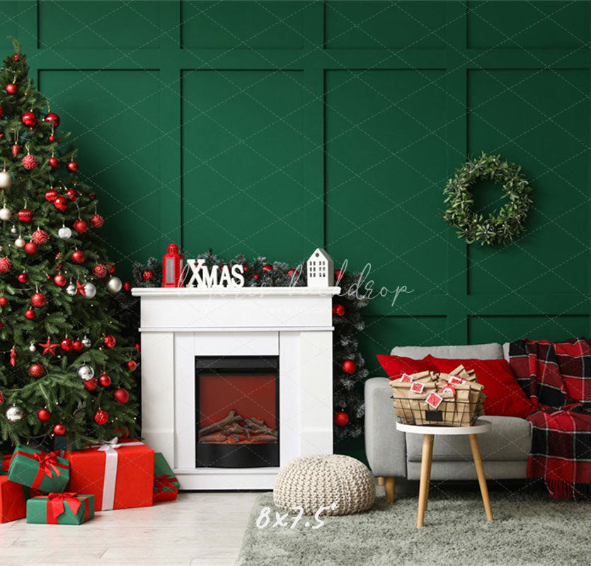 Green Wall Fireplace Sofa Christmas Backdrop - Layoris