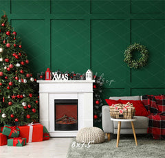 Green Wall Fireplace Sofa Christmas Backdrop - Layoris