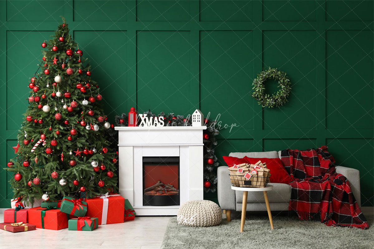Green Wall Fireplace Sofa Christmas Backdrop - Layoris