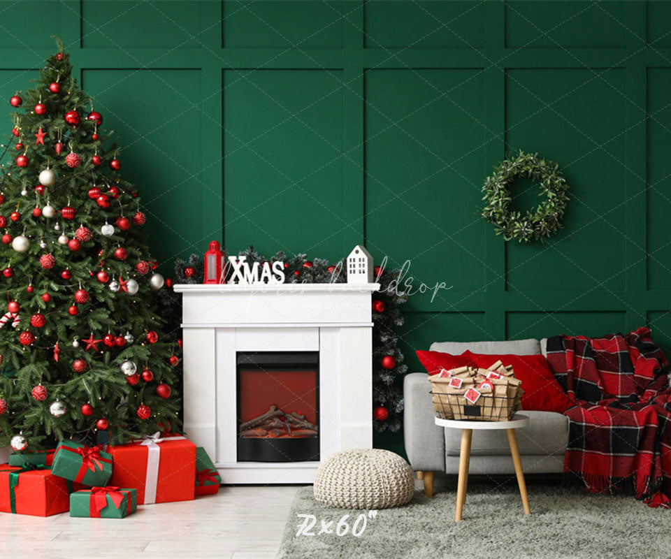 Green Wall Fireplace Sofa Christmas Backdrop - Layoris