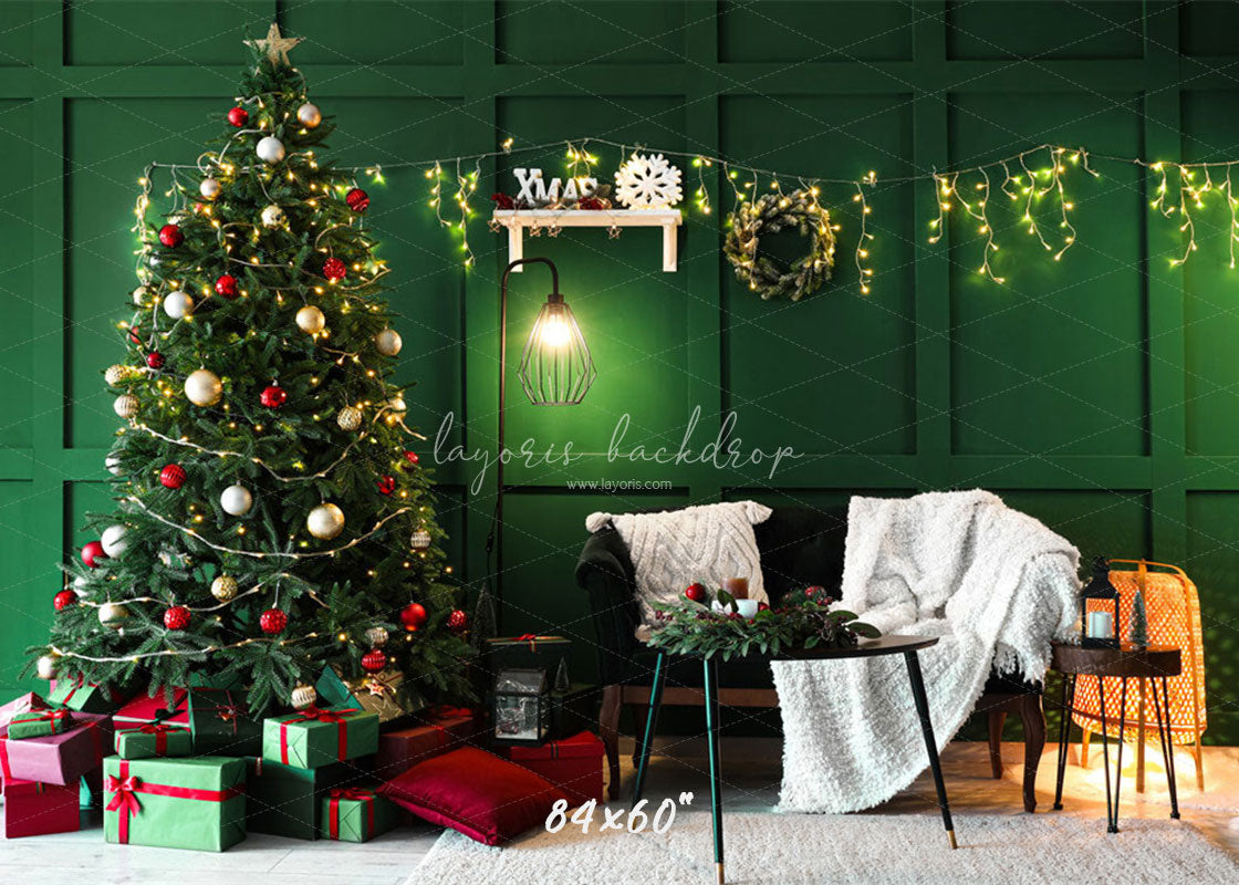 Green Wall Garland Lights Christmas Backdrop - Layoris