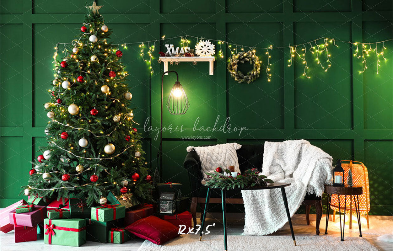 Green Wall Garland Lights Christmas Backdrop - Layoris