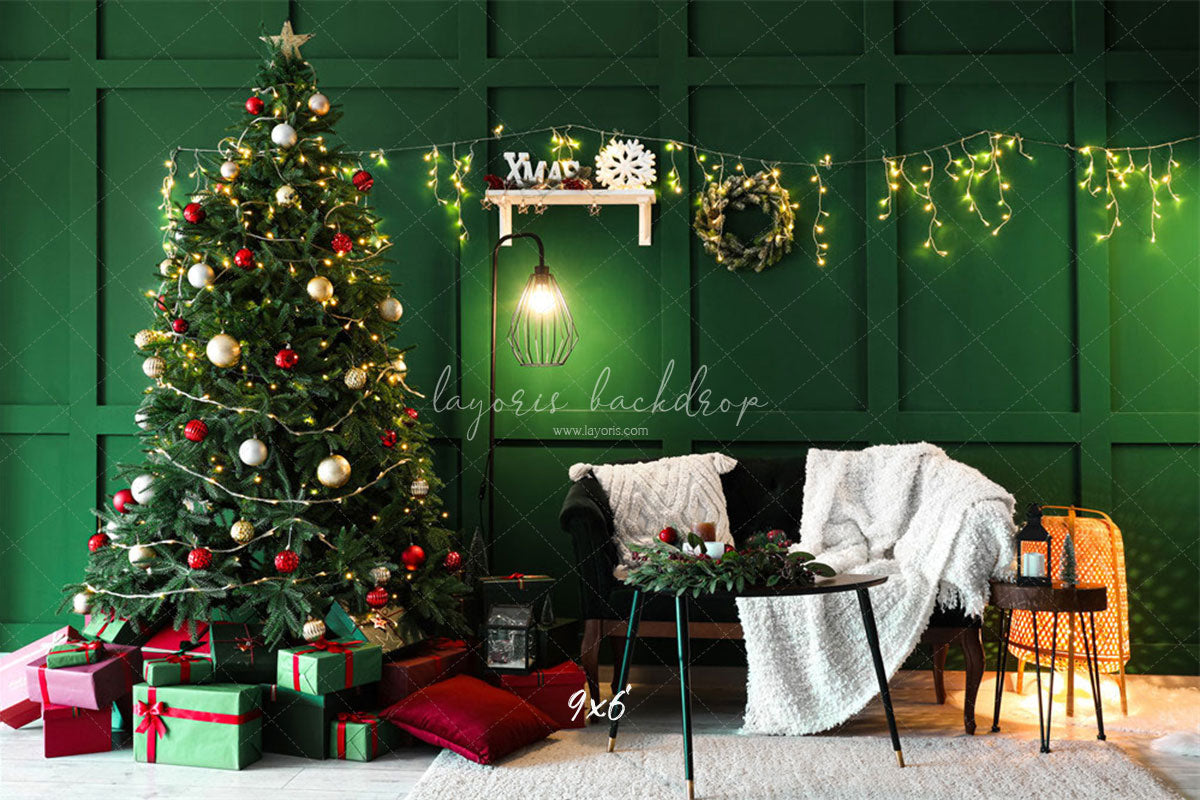 Green Wall Garland Lights Christmas Backdrop - Layoris