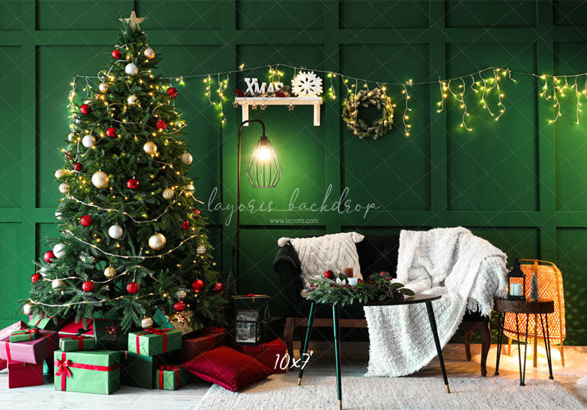 Green Wall Garland Lights Christmas Backdrop - Layoris