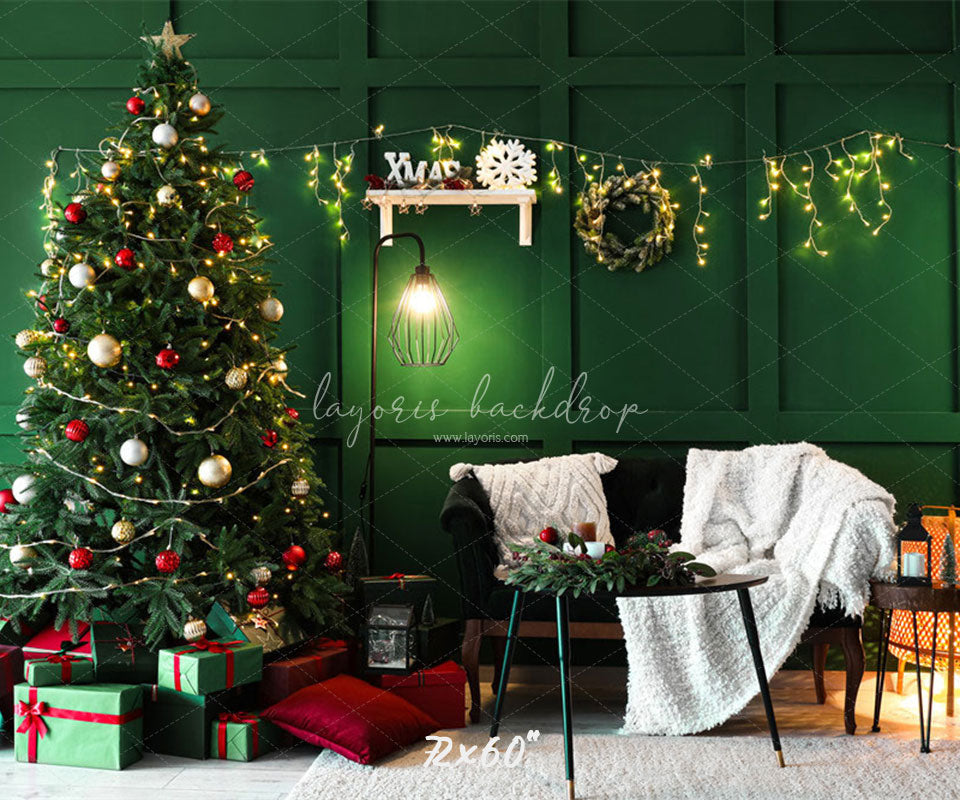 Green Wall Garland Lights Christmas Backdrop - Layoris