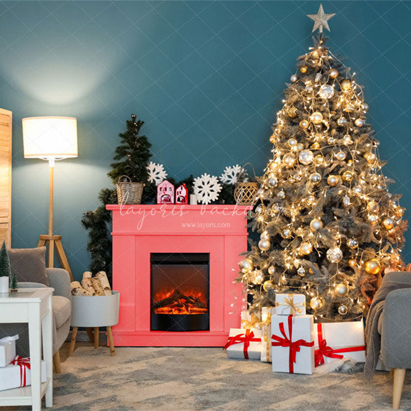 Teal Wall Fireplace Lights Christmas Backdrop - Layoris