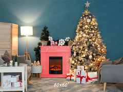 Teal Wall Fireplace Lights Christmas Backdrop - Layoris